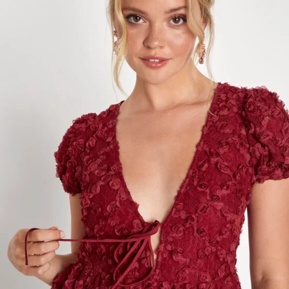 Lulus NWT Burgundy Lace Dress L | 3D Floral Appliqué Wedding Guest Outfit - Picture 7 of 15